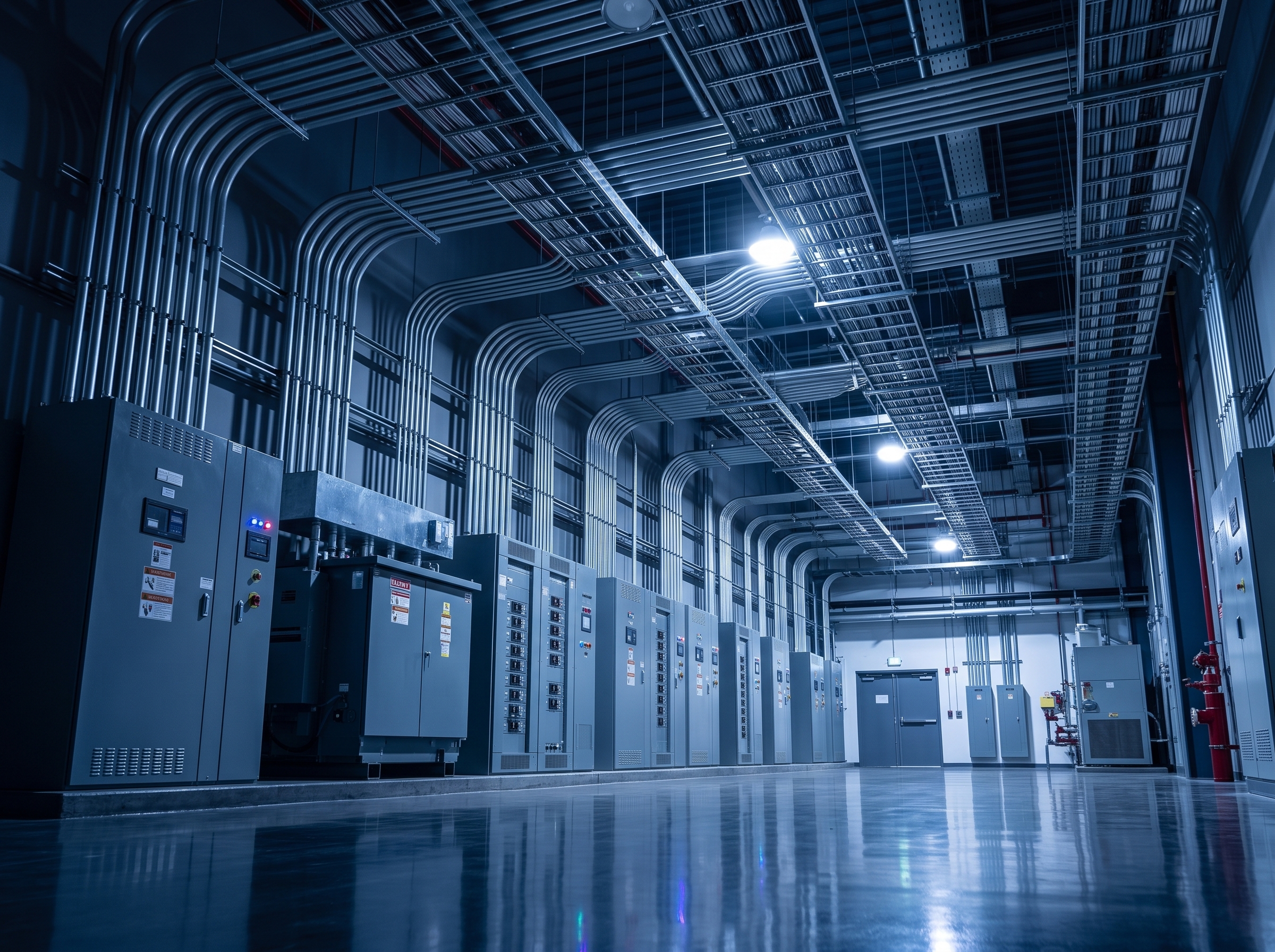 Electrical switchgear and cable trays inside a commercial facility