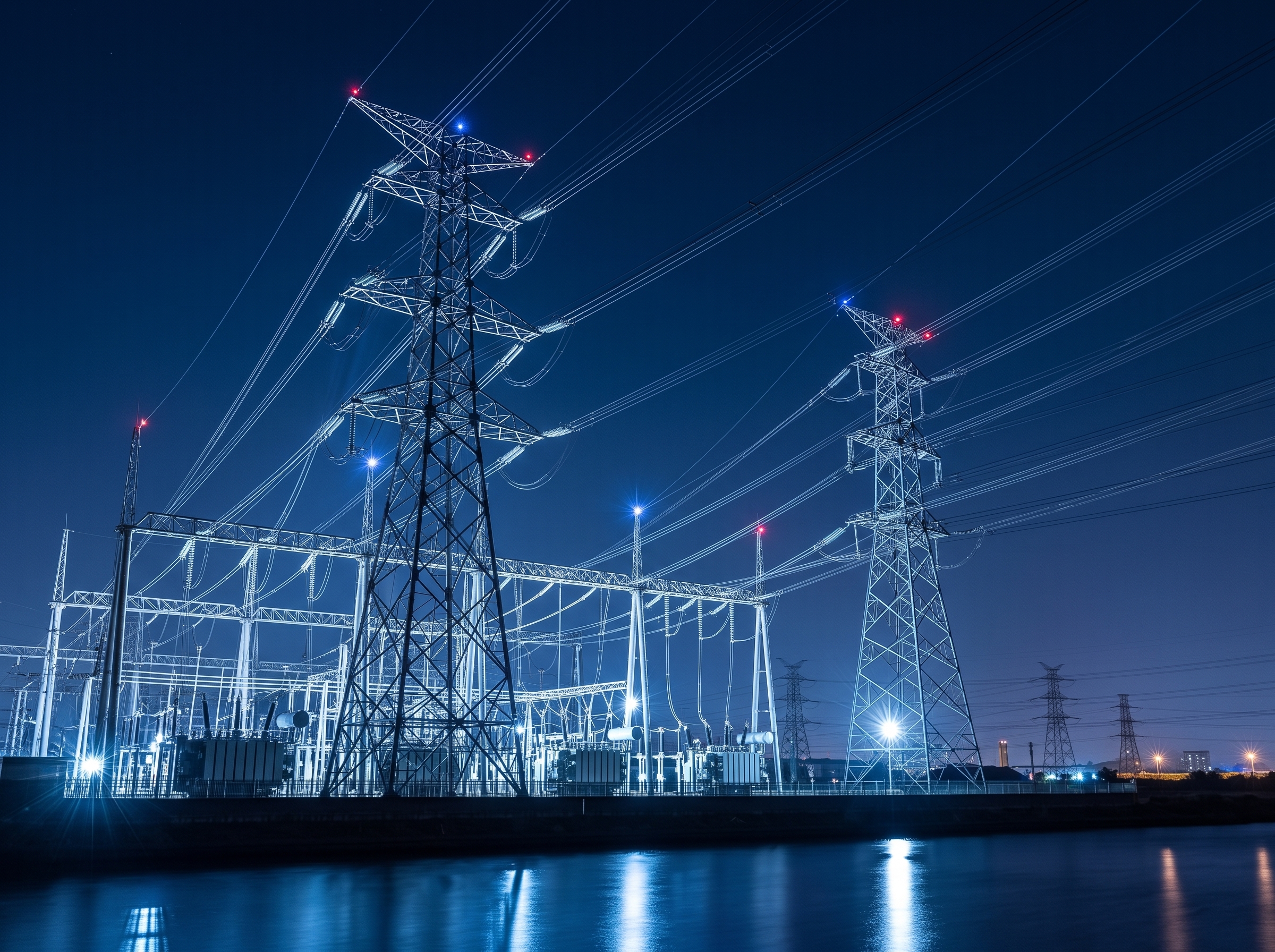 High-voltage transmission towers and substation at dusk