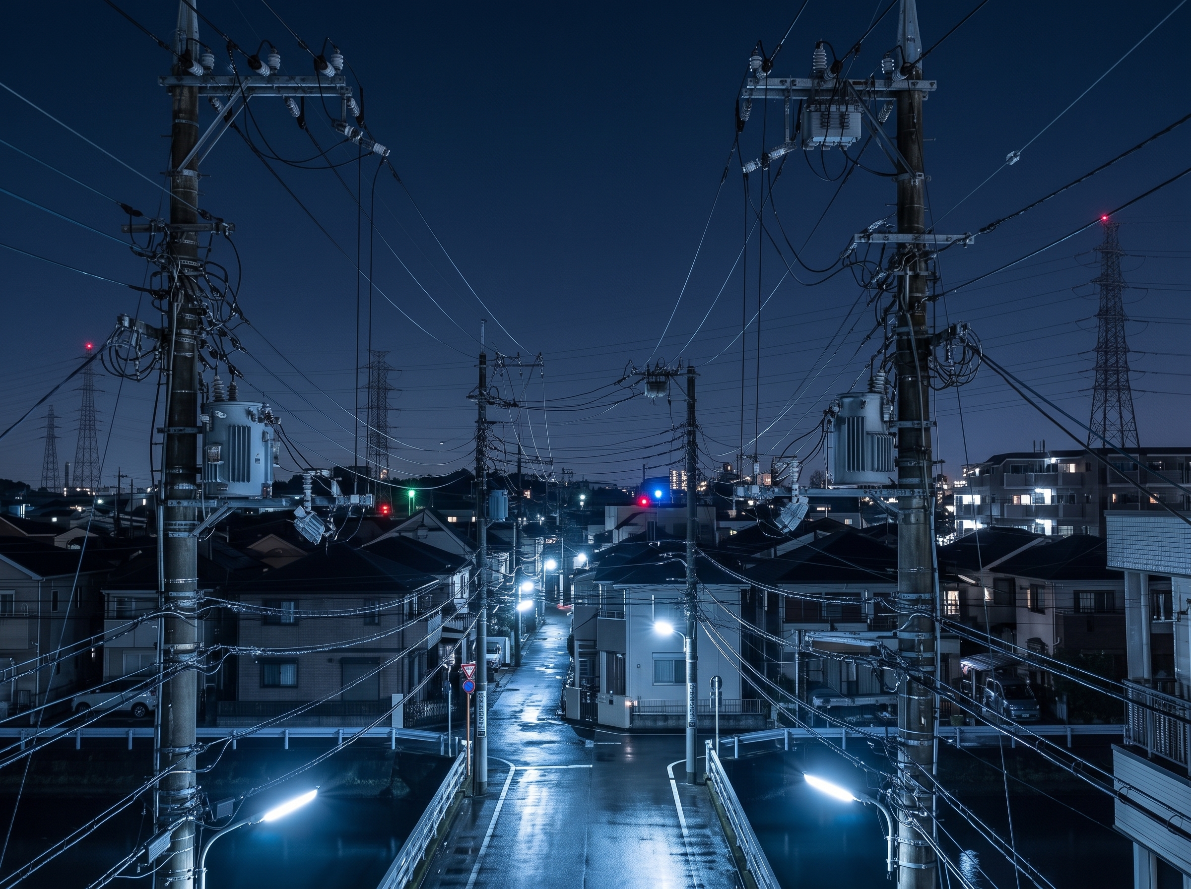 Utility poles and overhead power lines crossing an urban neighborhood at night
